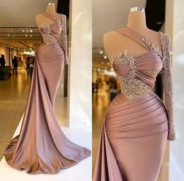 Gorgeous One Shoulder Satin Mermaid Dresses Long Sleeve Appliques Beaded Ruched Women Evening Pageant Prom Gowns Custom Made Bc14119
