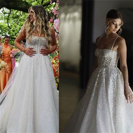 2023 Gorgeous Sequins Wedding Dresses Bridal Gown Sleeveless Straps Tulle A Line Sweep Train Plus Size Custom Made Beach Garden Vestido De Novia 401 401