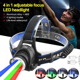 Headlamps 4 In 1 Adjustable Focus LED Headlight RedGreenBlueWhite Zoomable Fishing Front Head Flashlight Torch USB Red Warning Light 221117