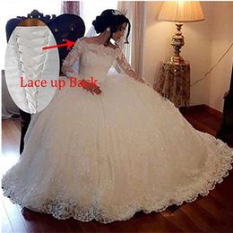 Estido Noiva bling glänsande klänningar boll vintage spets bröllopsklänning långärmad skopa mantel de marie 328 328