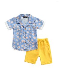 Clothing Sets 2 Pieces Baby Boys Kids Suit Set Summer Daisy Turn-Down Collar Short Sleeve Shirt Solid Colour Shorts For 1-6 Years