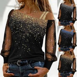 Women's Blouses Fashion Sequin Mesh Blouse Shirt Loose Sexy One Shoulder Skew Collar Tops Casual Female Women Long Sleeve Blusas Pullover