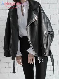 Women's Leather Faux Aelegantmis Loose Women Soft Jacket With Belt Black Pu Biker Lady Basic Coat Street Casual Outerwear 221117