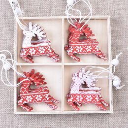 White Red Christmas Tree Ornament Wooden Hanging Pendants Angel Snow Bell Elk Star Christmas Decorations for Home RRA662