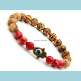 Beaded Arrival Wholesale 10Pcs/Lot Picture Jasper Blue Sea Sent Stone Antique Bronze Hamsa Protection Stretch Bracelets Drop Deliver Dhia7