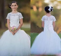 Girl Dresses Charming Holy White Lace Flower Girls With Short Sleeves Jewel Neck Kids Christmas Party Gowns Girs Pageant Dress