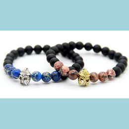 Charm Bracelets New Design Wholesale 8Mm Natural Matte Agate Roman Warrior Helmet Bracelet Fashion Spartan Jewelry For Mens Christma Dhszg