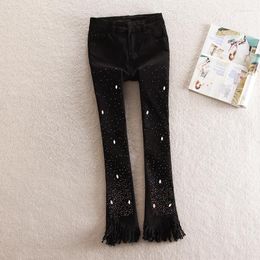 Women's Jeans Wholesale Fashion Riped Diamond Beading Female Street Style Tassel Stitching Slim Wide Leg Wq2206 Dropship