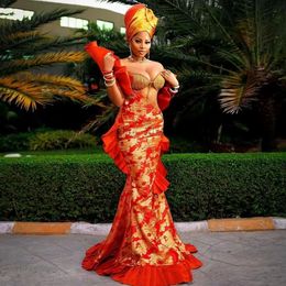 Modest Red Evening Dresses For Women Lace Aso Ebi Occasion Reception Party Dress African Mermaid Prom Gowns