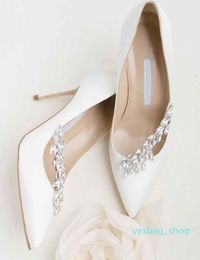 Nadira Satin Jewel Buckle Dress Sandals Shoes Stiletto High Pointed Toe Lady Pumps Women's Crystal Leaf Party Wedding EU35-42