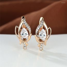 Hoop Earrings Water Drop White Zircon Flower Charm Rose Gold Color Wedding Red Crystal Stone For Women Jewelry