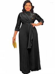 Ethnic Clothing Dashiki African Women Long Wide Legs Jumpsuits Three Quarters Sleeve Black Party Wear Celebrate Pleated Rompers Overalls