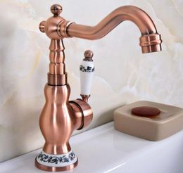 Kitchen Faucets Antique Red Copper One Ceramic Flower Handles Base Bathroom Basin Sink Faucet Mixer Tap Swivel Spout Deck Mounted Mnf639