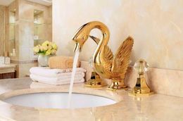 Bathroom Sink Faucets 3 PIECE Widespread Gold Clour Cute Swan Faucet Lavatory Mixer Tap