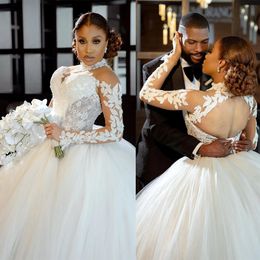 Black Girls Ball Gown Wedding Dress Princess Sheer High Neck Lace Appliques Long Sleeve Hollow Back Bridal Gowns