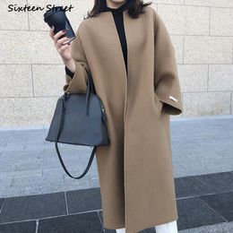 Women's Wool Blends Khaki Long Woollen Jacket Women Vintage Winter Open Stitched Loose Blend Coat Ladies Autumn Oversized Chic Outerwear 221117