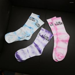 Men's Socks Niche Solid Color Blue Pink Purple Tie-dye English Alphabet Sports Men And Women Street Skateboard Ins Cotton