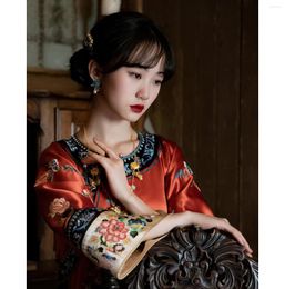 Ethnic Clothing 2022 Chinese Dress Ladies Satin Qipao Orange Red Hanfu Cheongsam Improved Women's Summer Retro Printed Embroidery