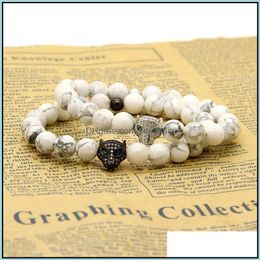 Charm Bracelets Wholesale Four Colors Micro Paved Leopard Head With White Howlite Marble Beads Charm Bracelets 10Pcs/Lot Mens Jewelr Dhclz