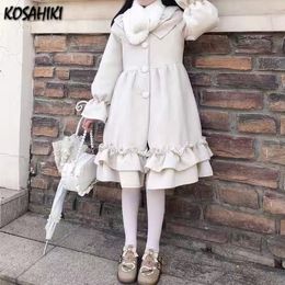 Women's Jackets KOSAHIKI Autumn Japanese Sweet Lolita Style Woolen Coats Women Cute Ruffles A-Line Loose Girly Kawaii Trend Outerwear 221117