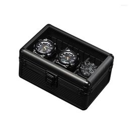 Watch Boxes Black Color Textured Aluminum Alloy 3 Grids Storage Box Case For Watches With Glass Top