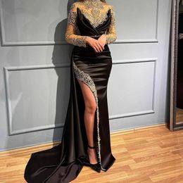 Black Long Sleeves 2023 Mermaid Prom Dresses High Neck Pearls Beads Pleats Split Dubai Arabic Women Party Evening Gowns