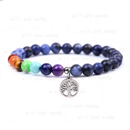 Semi-precious Stone Beaded Strand Bracelets Yoga 7 Chakra Amethyst Tiger Eye Turquoise Stainless Steel Tree of Life Charm Bracelet for Women Fashion Jewellery