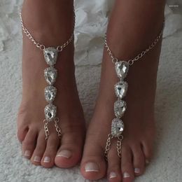 Anklets 2 Pcs Beach Rhinestone Big Water Drop Barefoot Sandals Anklet Foot Jewelry For Women Luxury Crystal Bridal Toe Bracelet