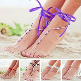Anklets 2022 Bohemia Handmade Ribbon On Leg Simple Chic Beads Silver Colour Chain Toe Ring Ankle For Women Foot Jewellery