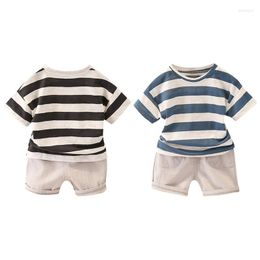 Clothing Sets 1-5 Years Little Boy Summer 2pcs Set Fresh Stripe Round Neck T-Shirt Tops Solid Color Short Pants Boys Outfits