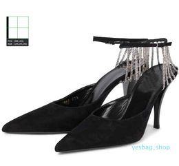 Elegant Vesper Sling Sandals Shoes For Women Chain-trimmed Suede Pointed Toe Brand Pumps Chain-embellished Ankle Straps Lady High Heels EU35-40 4556