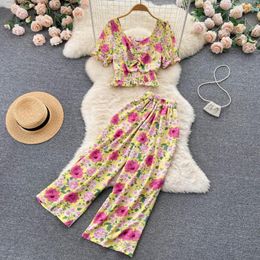 Women's Two Piece Pants Floral Suit Fashion Holiday Style Women 2022 Summer Set Bubble Sleeve Crop Top High Waist Wide Leg