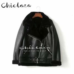 Women's Leather Faux CHICLAZA Women High Quality Winter Thick Warm Wool Lamb Jacket Coat Female Casual Zipper Belt Outwear Top 221117