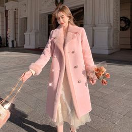 Women's Wool Blends Women Winter Plush Lining Thick Warm Elegant Pink Faux Fur Coat Female Lapel Fairy Woolen Coats Lady Pearl Button Outerwear 221117