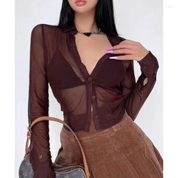 Women's T Shirts Female Sexy See-Through Long Sleeve Blouse Summer Autumn Ins Ladies Solid Color Turn-Down Collar Shirt Tops S-2XL