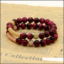 Charm Bracelets Fashion Men Women Jewellery Wholesale 8Mm A Grade Roseo Tiger Eye Stone Micro Inlay Clear Cz Tube Beaded Bracelets Dro Dhsvt