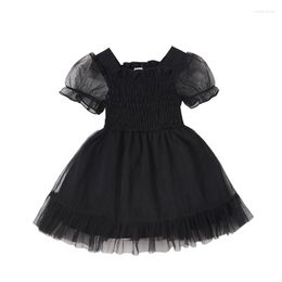 Girl Dresses Baby Girls Princess Dress Short Puff Sleeve Solid Colour Frill Trim Smocked