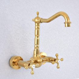 Bathroom Sink Faucets Polished Gold Colour Brass Kitchen Basin Faucet Mixer Tap Swivel Spout Wall Mounted Dual Cross Handles Msf622