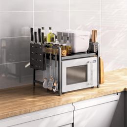 Kitchen Storage Microwave Oven Shelf Rack Retractable Stainless Steel Double-Layer Desktop Countertop Home Pot