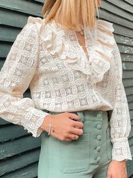 Women's Blouses Lace Embroidery Shirt Spring Autumn Elegant Long Sleeve Round Neck Ruffles Guipure Blouse Vintage Chic Hollow Chemises Femme