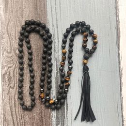 Chains 108 Mala Beads Knotted Leather Tassel Necklace Man 8mm Lava Stone Tiger Eye Hematite Healing Jewelry For Men Gift