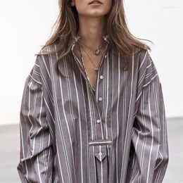 Women's Polos Women Stripes Stand Collar Blouse Half Open Button Long Sleeve Female Vintage Loose Shirt