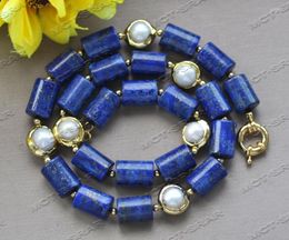 Choker Z12137 19" 15mm Gold-Plated White Pearl Blue Cylindrical Lapis Lazuli Necklace