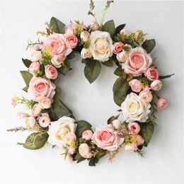 Decorative Flowers 35cm Front Door Wreath Large Garland Artificial Rose Flower Wall Hanging Simulation Wreaths Home Wedding Party Decoration