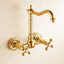 Bathroom Sink Faucets Luxury Gold Color Brass Kitchen Basin Faucet Mixer Tap Swivel Spout Wall Mounted Dual Cross Handles Mgf010