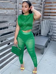 Women's Two Piece Pants Yesikey Green Set Women High Street Sleeveless Button Mesh Top Silk Ruched Patchwork Streetwear Outfits