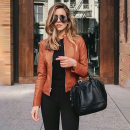 Women's Jackets Casual Woman Zipper Leather Jacket Spring Fashion Long Sleeve O-neck Pure Colour For Women Black Slim Pu Veste Femme 221117