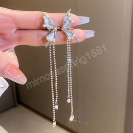 Silver Colour Butterfly Clip Earrings Inlaid Rhinestone Long Tassel Earring Simulated Pearl Ear Cuffs For Women Fashion Jewellery