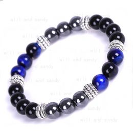 Colour Blue Green Tiger Eye Gemstone Beaded Strand Bracelet Hematite Natural Stone Bracelets Wristband for Men Women Fashion Jewellery