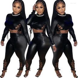 Women's Two Piece Pants Drop Sexy Pu Leather Bandage 2 Set Fall Long Sleeve Crop Top Pant For Women